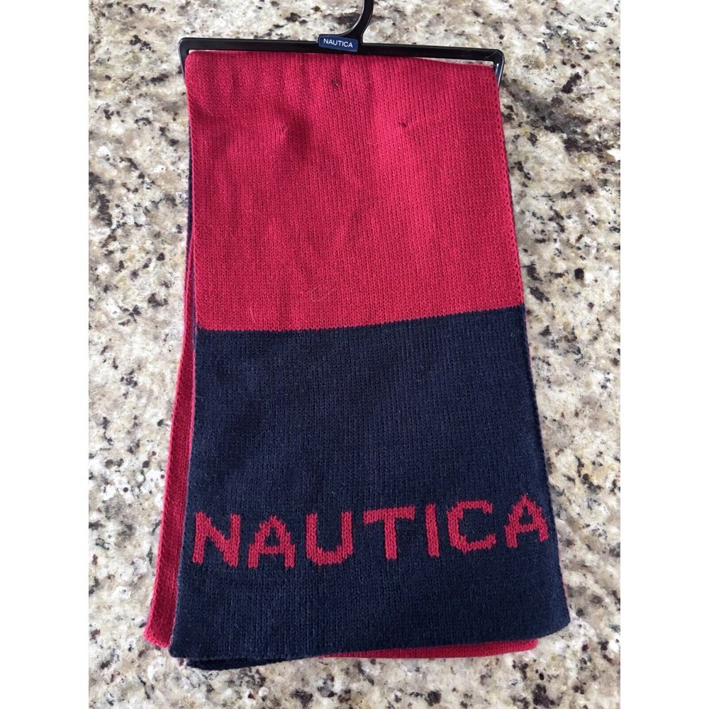 Nautica Winter Scarf Size 9x32. Brand New With Tags, Beautiful, Navy Red 2809